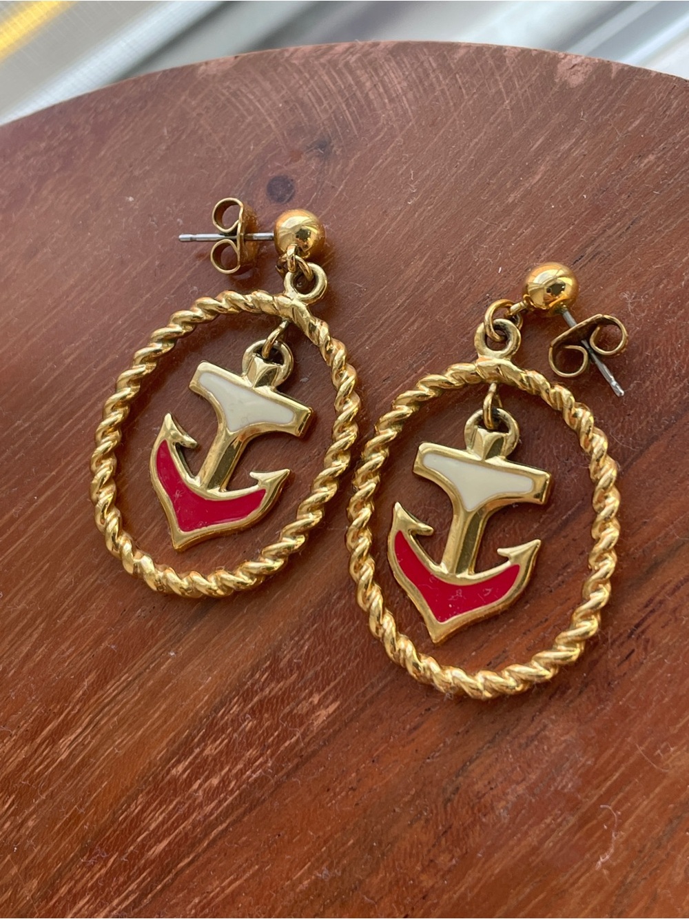 Avon Gold-Tone Anchor Drop Earrings with Red and White Enamel
